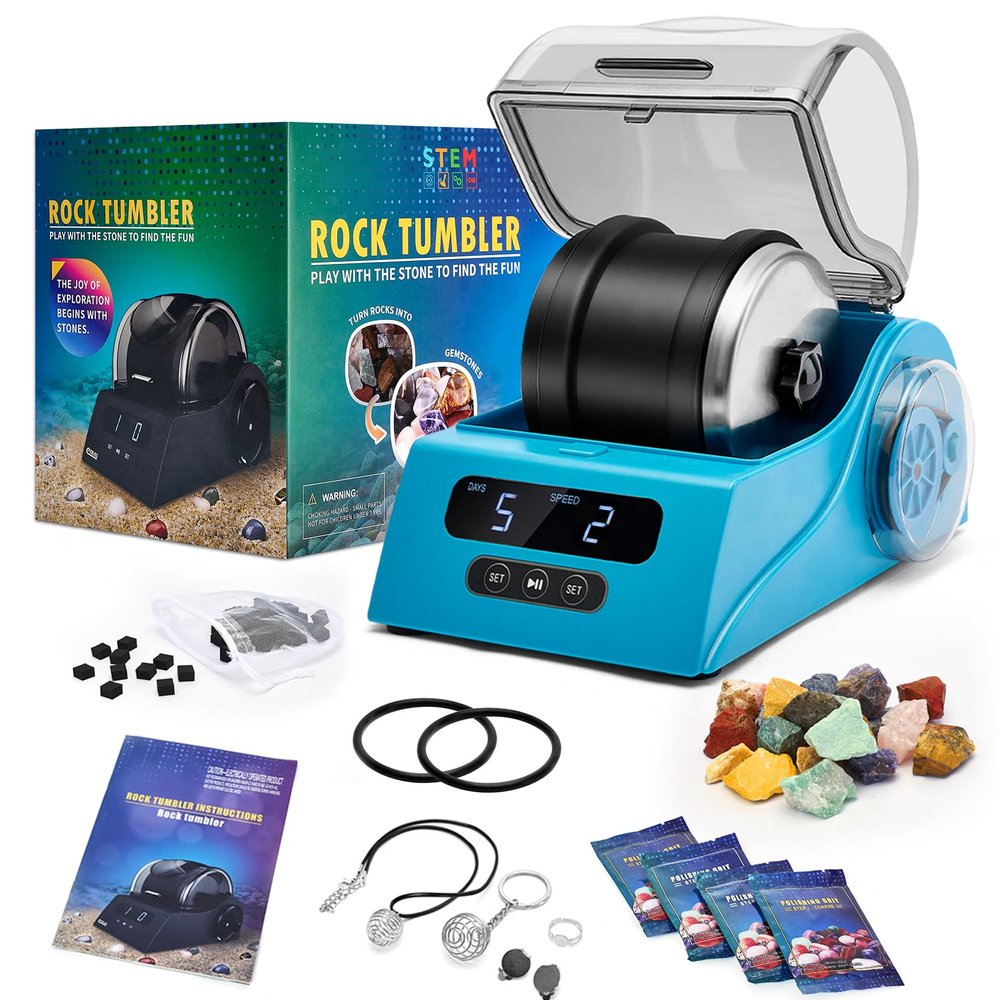 Rock Tumbler Kit Adults - Rock Polisher Tumbler with Noise Reduction Cover, Speed&Timer Control, Includes 4 Polishing Grits, Rough Gemstones, Learning Guide etc.Blue