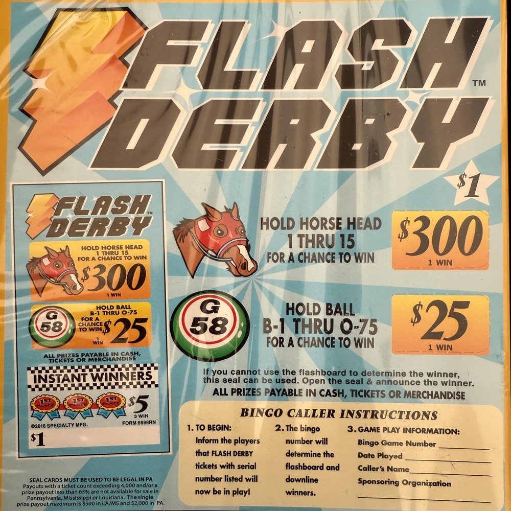 Flash Derby $300 Bingo Pull Tabs Tickets, Horse Race Game
