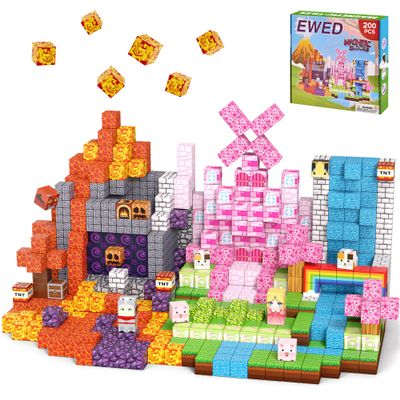 EWED Magnetic Blocks Toys for Kids, 200 PCS STEM Building Click Blocks Cubes, Stacking Magnetic Tiles Toys for Toddlers Boys Girls Ages 3 4 5 6 7 8-12 Birthday Party - Pink Forest