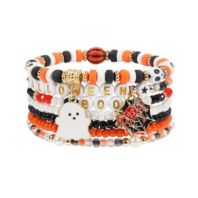 Briutn Spooky Halloween Beaded Bracelets Set with Ghost Spider Charms Halloween Jewelry