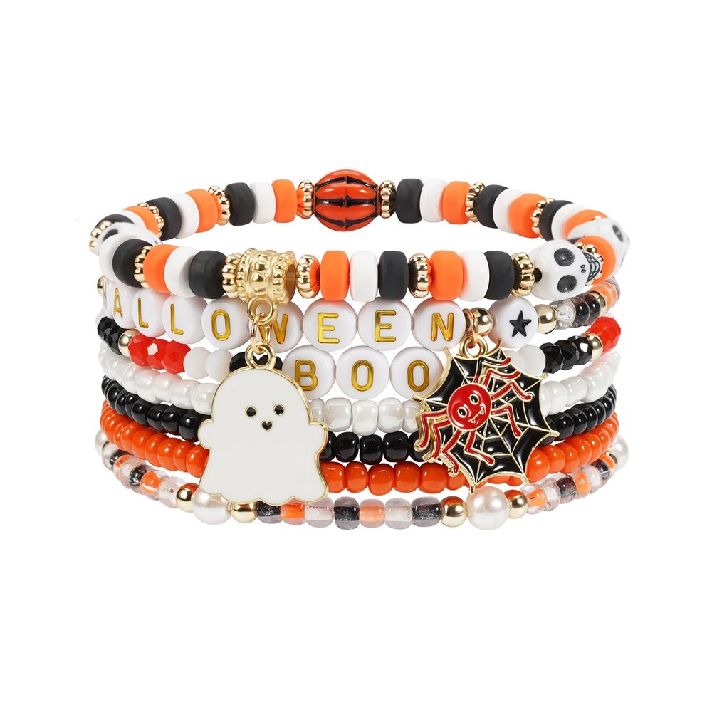 Briutn Spooky Halloween Beaded Bracelets Set with Ghost Spider Charms Halloween Jewelry