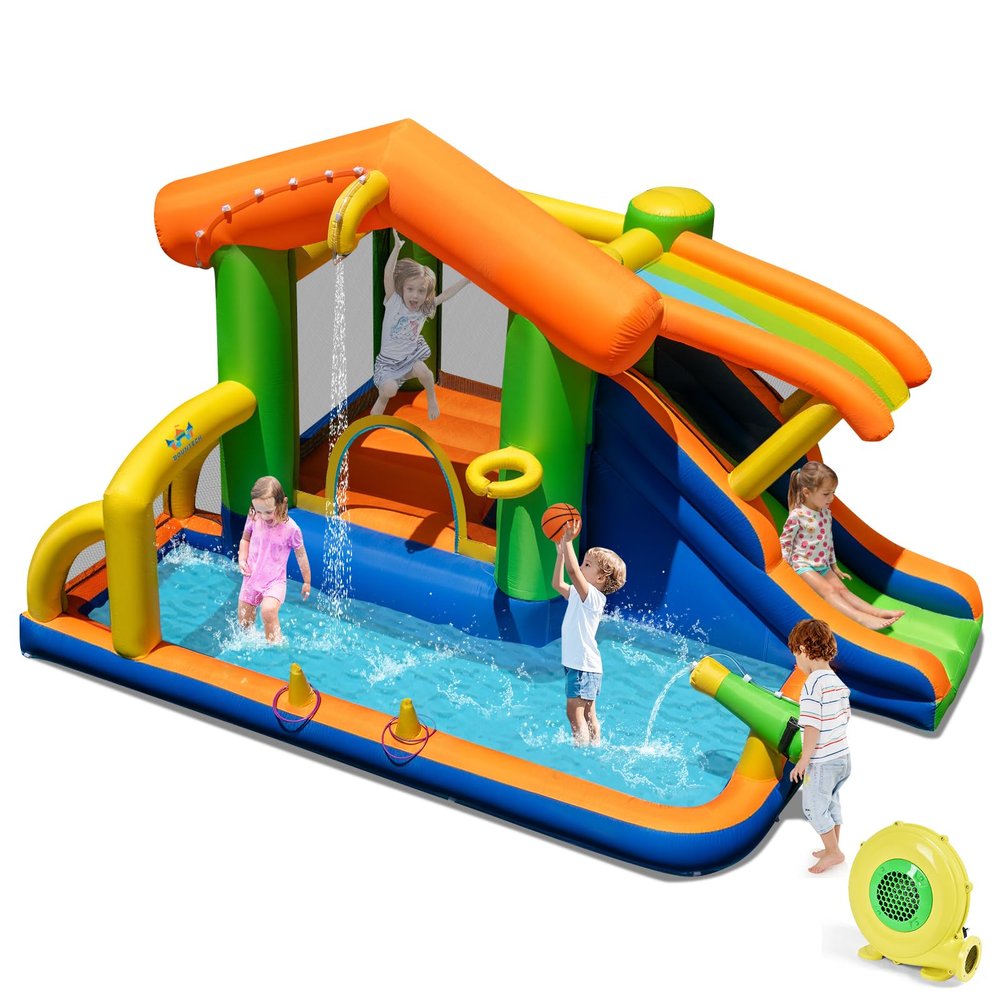 BOUNTECH Inflatable Water Slide, 8-in-1 Playhouse Bouncy Castle Water Slide 3-12 Years Old with Slide, 480w Blower, Splash Pool, Basketball Hoop, Outdoor Water Bounce House for Kids Backyard Gifts