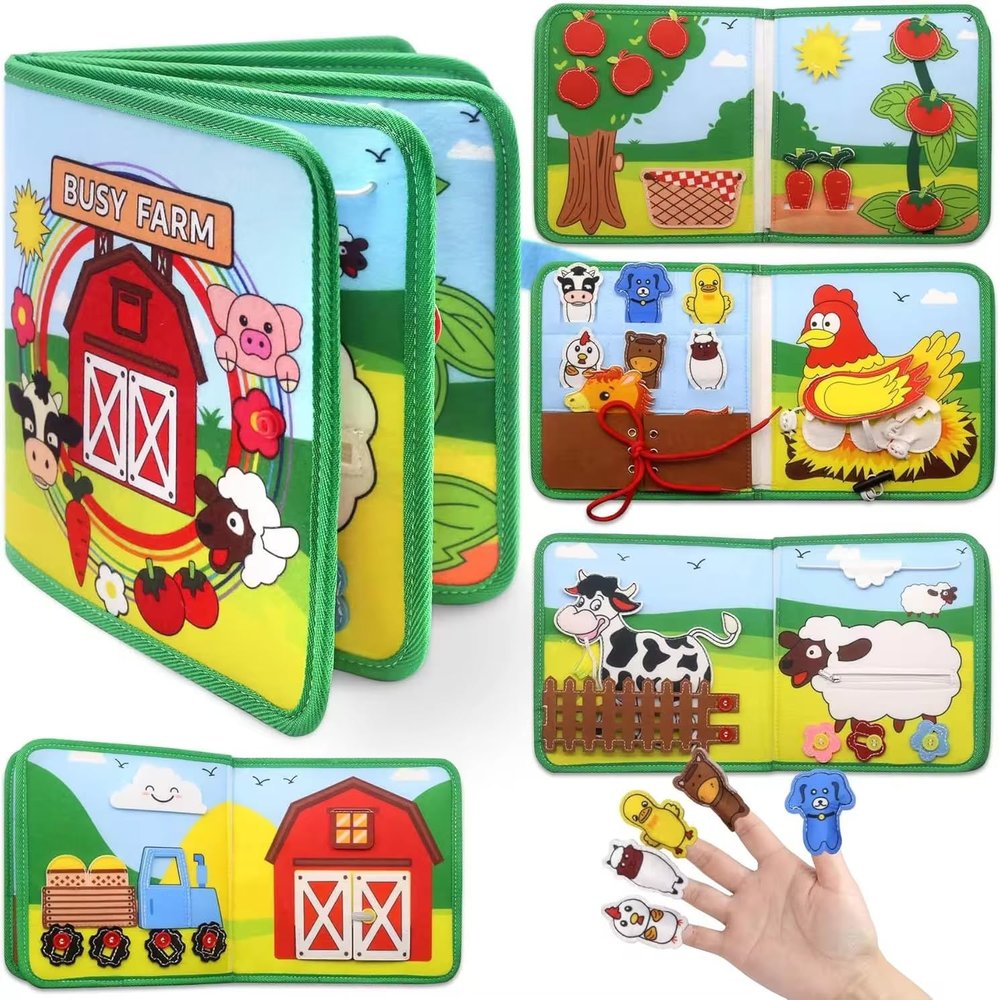 Busy Book Farm Interactive Soft Book for Toddlers, Educational Farm Animals Quiet Book with Finger Puppets, Learning Activity Toy for Kids