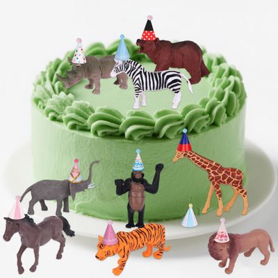 19pcs Jungle Animal Birthday Party Decorations, Animal Figure Model Cake Toppers with Mini Birthday Hat Color Balls for Wild Animals Themed Party