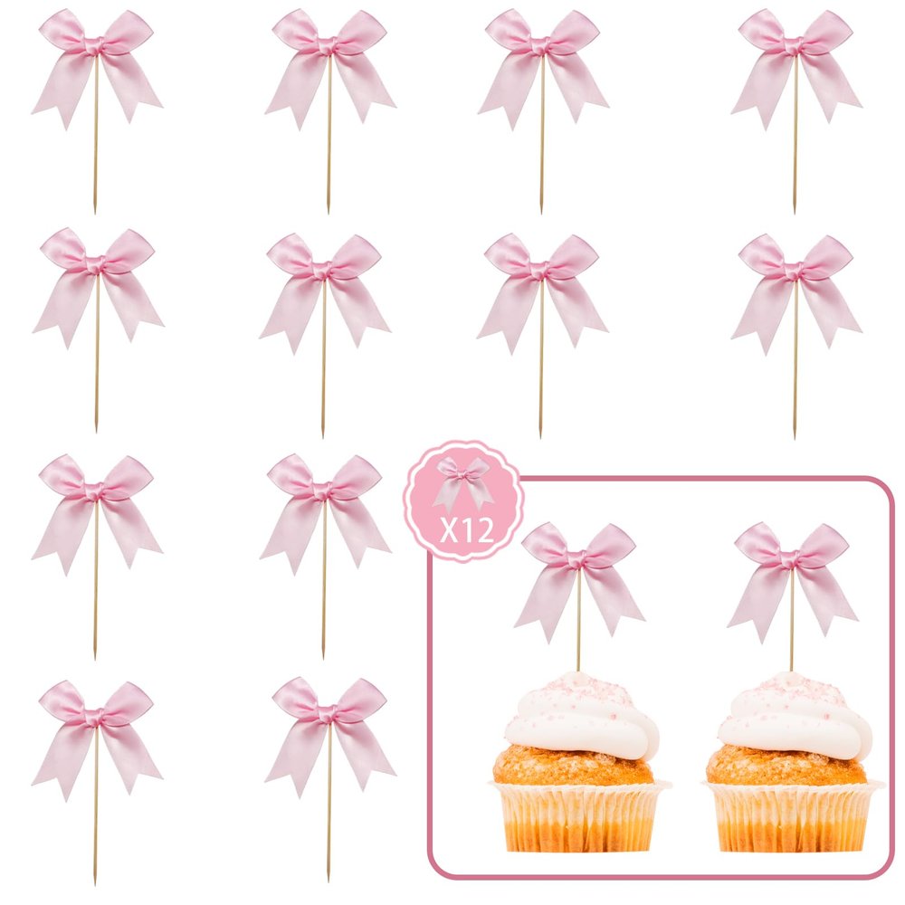 12 Pcs Bow Cupcake Toppers Cake Topper Appetizer Skewers and Bamboo Toothpicks with Pink Bow Coquette Birthday Party Decor Baby Shower Favors