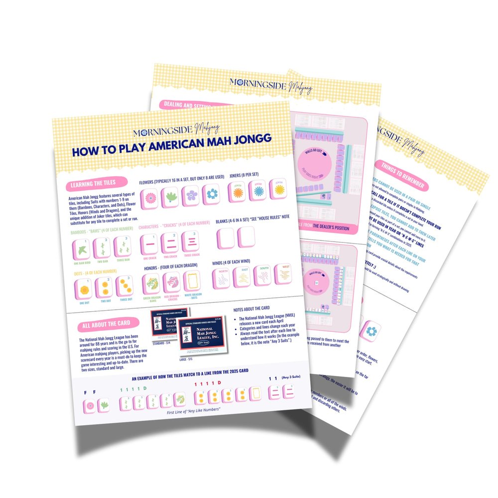 American Mahjong Basics Visual Guide, Laminated Guide, Tile Overview, Charleston Helper, General Rules + Strategies