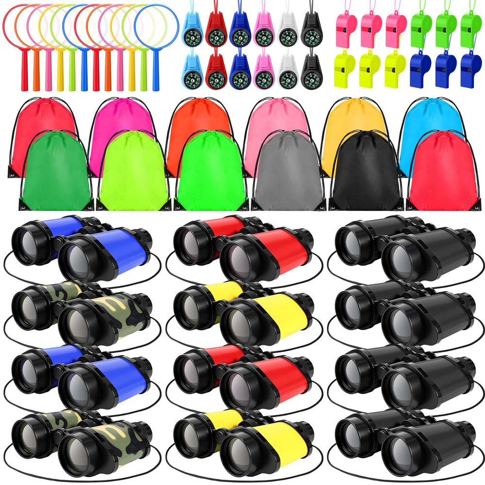 Foilswirl 12 Set Binocular Compass Magnifying Glass Set Christmas Birthday Gift Small Telescope Binocular with Whistle Bag for Outdoor Exploring Stocking Stuffer(Cute Color,Funny)