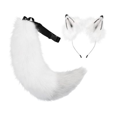 Merkaunis 2 Pcs White Wolf Ears and Tail, Cat Fox Wolf Tail and Ears Set, Faux Fox Ears and Tail for Halloween, Theme Party, Halloween Party Costume Accessories Cosplay (Off-White)