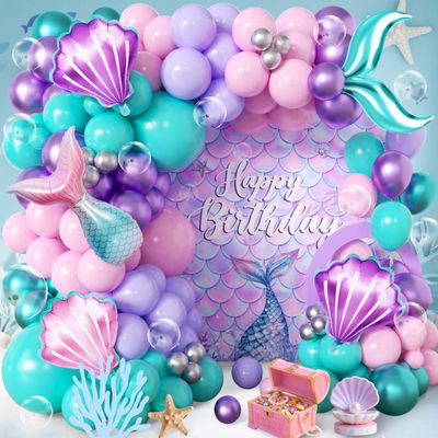 106pcs Mermaid Balloon Garland Arch Kit with Giant Foil Tail & 3 Seashells, 18/12/10/5 Inch Metallic Purple Teal Pastel Pink Latex for Girls Birthday, Under the Sea Baby Shower Decorations