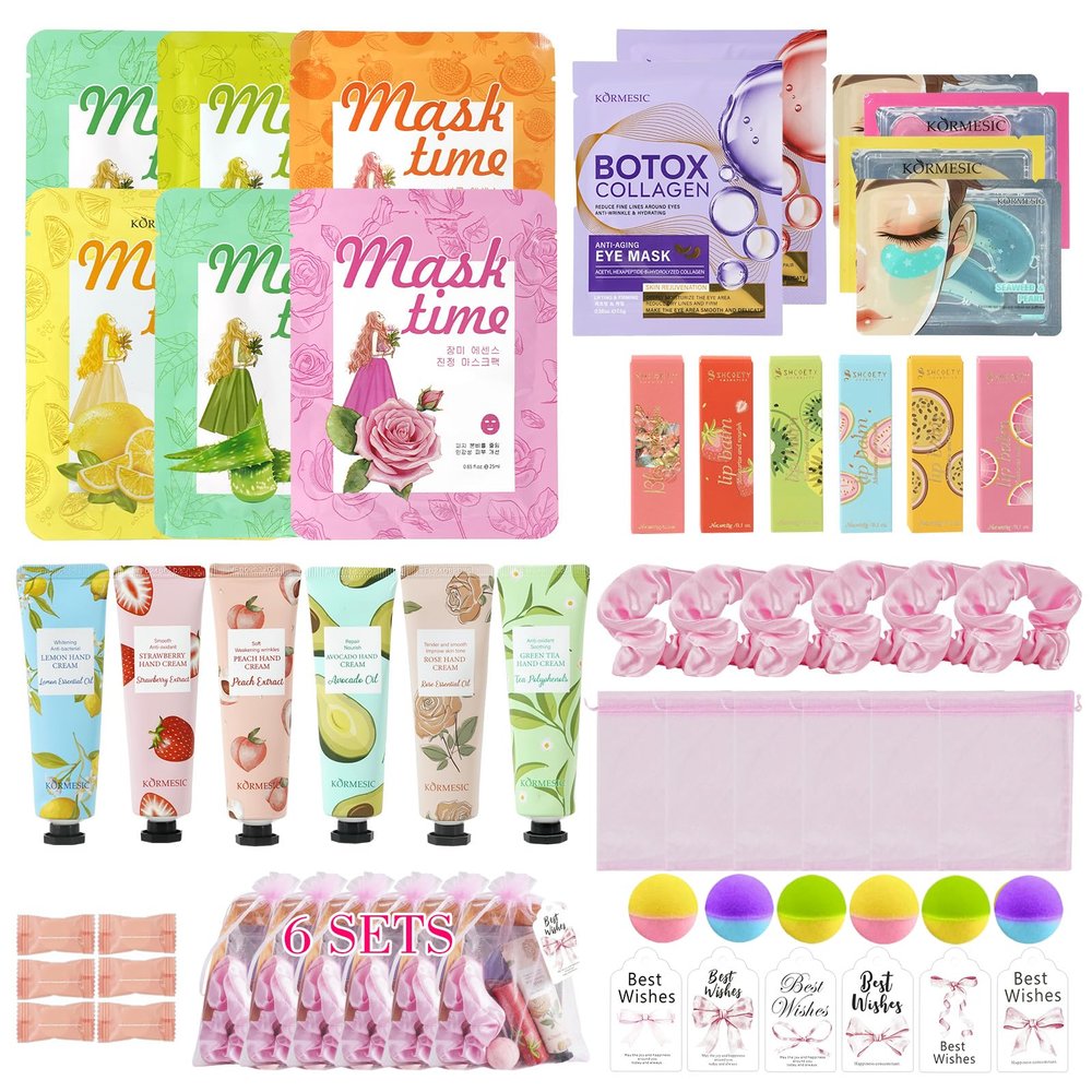 54PCS Spa Party Supplies for Girls, Spa Party Favors Include Facial Masks,Under Eye Patches, Lip Balm, Foot Bath Bombs, Hand Cream, Compressed Towel, Hair Band for Six Girls, Sleepover Party gifts