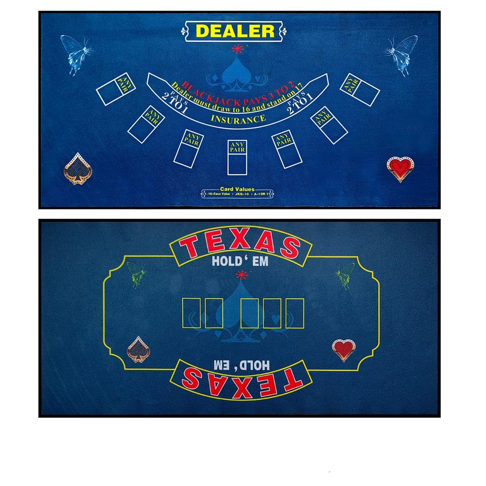 WaLiken 2-in-1 Tabletop Poker Felt 36x72 Texas Holdem Mat and Blackjack Mat Double-Sided Design Poker Felt Table Cover Rectangle-Red (Blue)