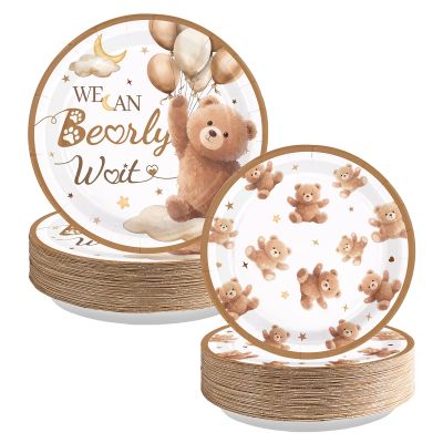 100Pcs Bear Baby Shower Paper Plates 7 Inch and 9 Inch Heavy Duty Disposable Brown Bear Gender Reveal Party Decorations for Kids Baby Shower Gender Reveal Fall Wedding Holiday Birthday Party Supplies