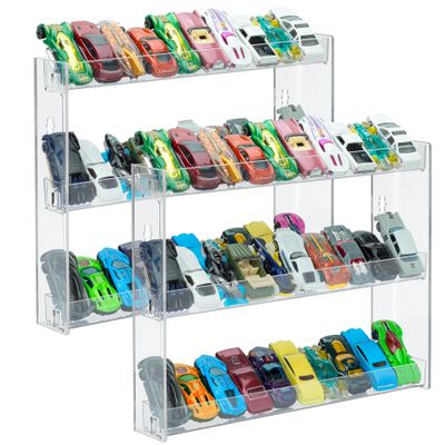 [2 Pack] Clear 3-Tier Display Case for 1:64 Toy Cars  Holds 30 Diecast Vehicles, Wall Mounted or Desktop Organizer Rack for Collectors