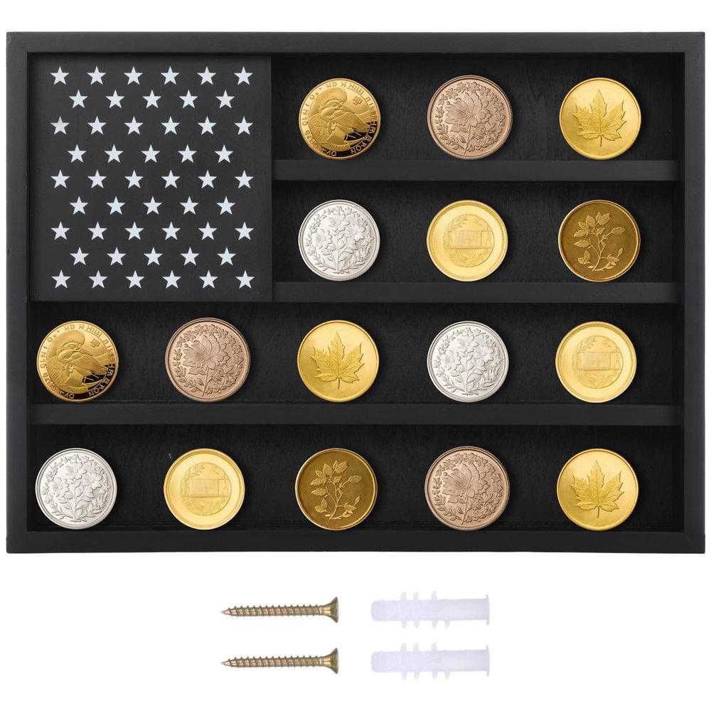 Tressify 3-Tier Wooden Coin Display Shelf with American Flag, Wall-Mounted Medal Cabinet for Collectibles