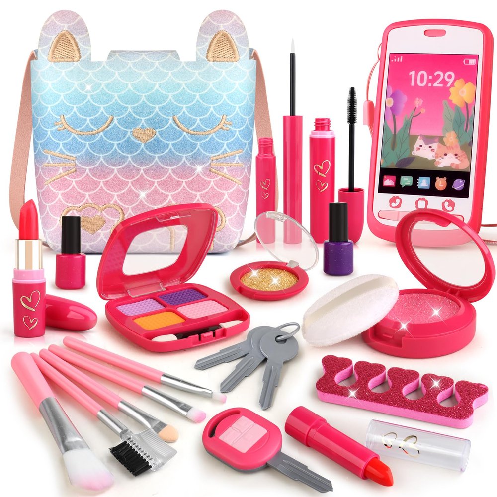 Woumserta Pretend Makeup for Toddlers, Play Makeup Kit for Little Girls Age 3-5, Mermaid Toy with Fake Make up Set for Kids, Christmas Birthday Gifts for 3 4 5 Year Old Girl