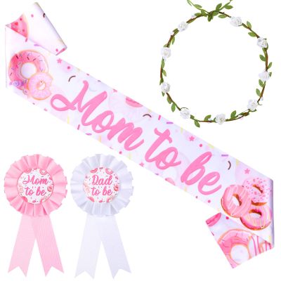 Cheereveal Donut Baby Shower Party Decorations, Pink Mom To Be Sash Dad To Be Corsage Pins, White Flower Crown, Donut Theme Baby Sprinkle Gender Reveal Pregnancy Parents Party Favors
