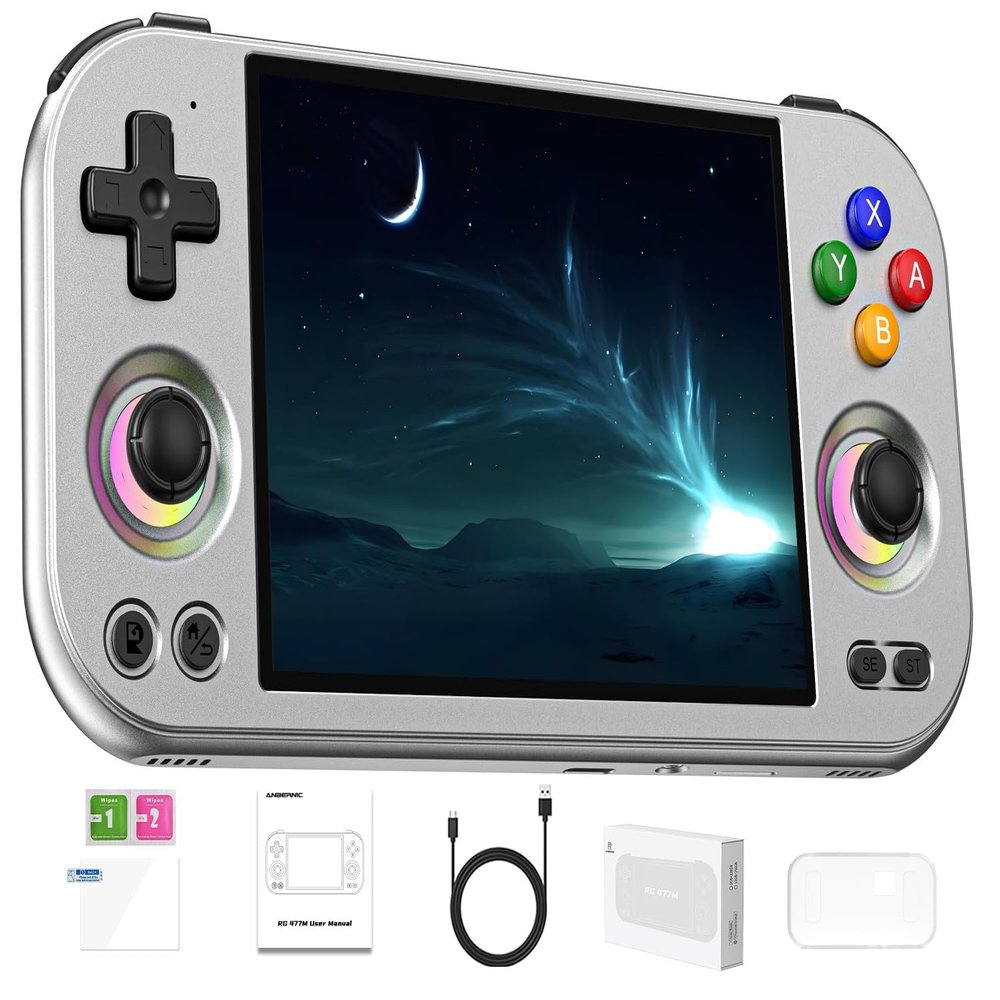 ANBERNIC RG477M Retro Handheld Game Console , Aluminum Alloy CNC Android 14 System 4.7 Inch LTPS in-Cell Touch Screen Dimensity 8300 Processor Support WiFi 6E Bluetooth 5.3 12+256GB(Silver)