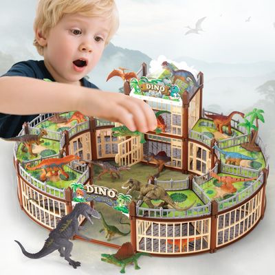 Dinosaur Playground Toy Set 215PCS  18 Realistic Dinosaurs, Build Your Own Dinosaur Park, Interactive Play with Openable Cage & Battle Station, for Boys & Girls, Enhance Kids Creativity