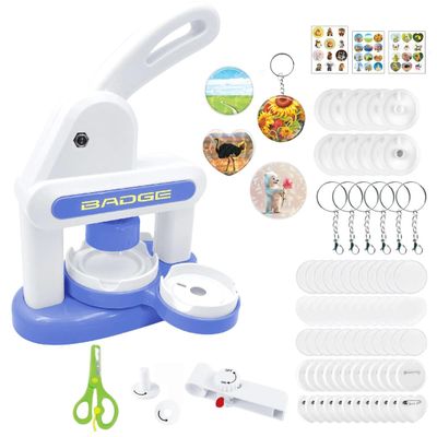 3 in 1 Badge Maker Machine with 78 pcs Button Partse & 36 Sticker,Fridge Magnets Keychains Pin Badges with Circle Cutter Kits,Badge Button Press Machine Kit for Kids (Blue)