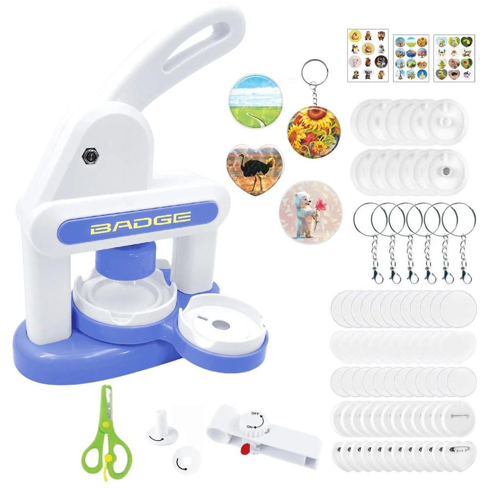 3 in 1 Badge Maker Machine with 78 pcs Button Partse & 36 Sticker,Fridge Magnets Keychains Pin Badges with Circle Cutter Kits,Badge Button Press Machine Kit for Kids (Blue)
