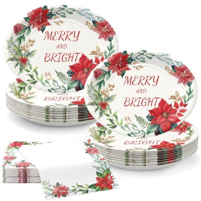 100Pcs Heavy Duty Oval Christmas Paper Plates and Napkins Set, 12 inch Large Poinsettia Christmas Dinner Plates Disposable Party Set, Merry & Bright Floral Dinnerware for Holiday Xmas Party Supplies