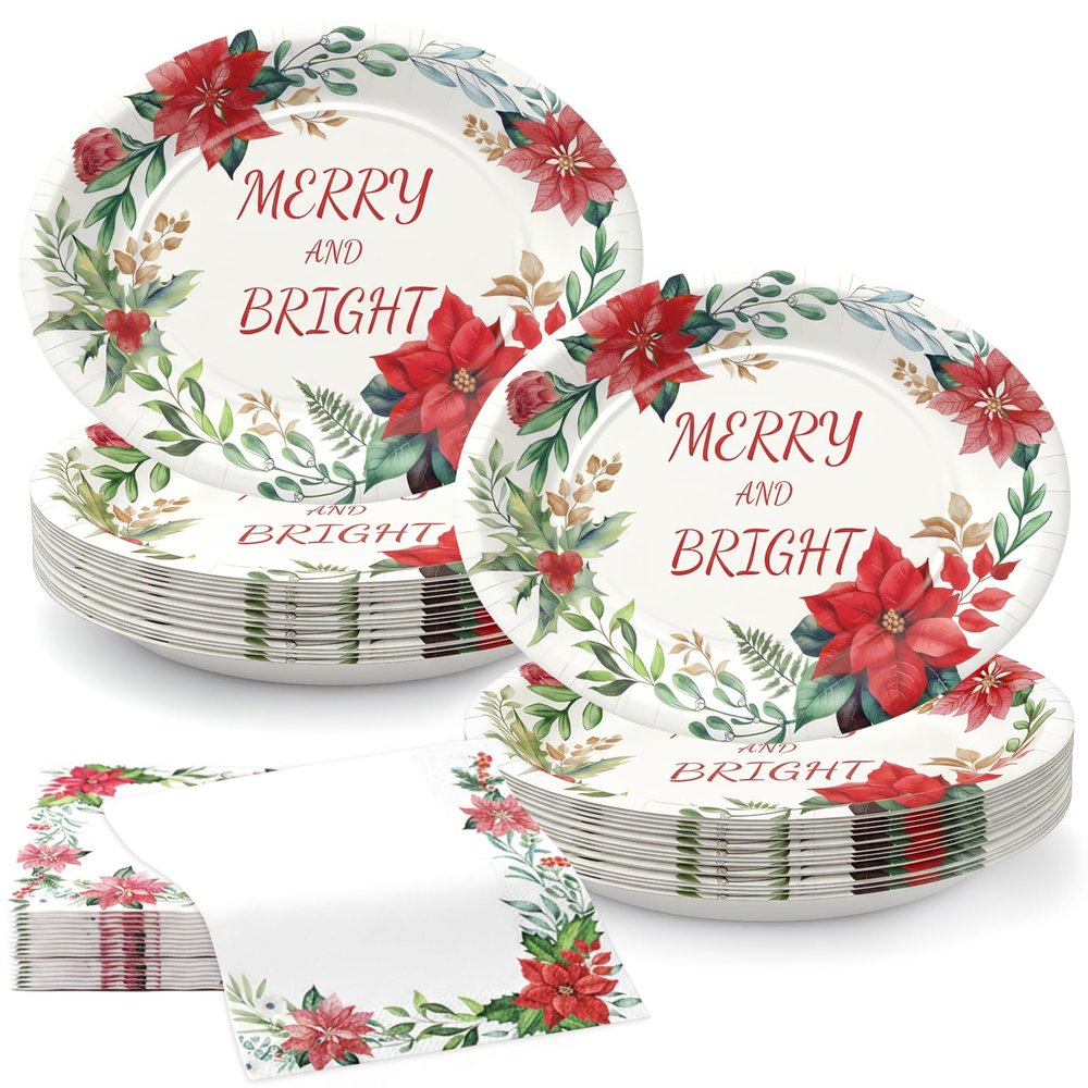 100Pcs Heavy Duty Oval Christmas Paper Plates and Napkins Set, 12 inch Large Poinsettia Christmas Dinner Plates Disposable Party Set, Merry & Bright Floral Dinnerware for Holiday Xmas Party Supplies