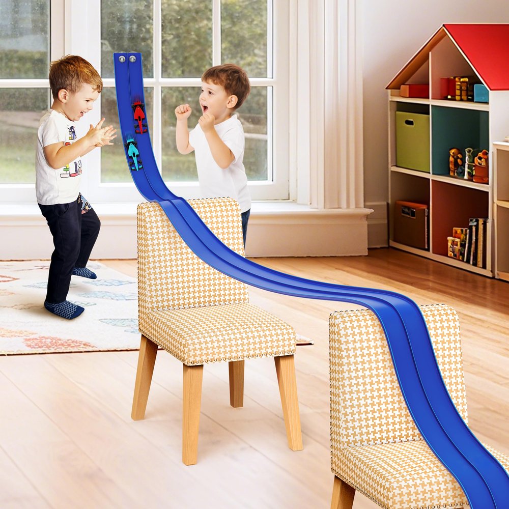 16 Ft Flexible Race Car Ramp Track for Kids Toy with Suction Cups, Compatible with Diecast 1/64th Cars, Rolls Up Portable Racetrack Party Favor Gifts for Boys Ages 3-10 Year Old (Racing Blue)