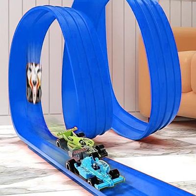 Flexable Race Car Track for Kids Toy with Suction Cups Compatible with 1/64th Cars 13 Feet Long Rolls Up Portable Racetrack (Blue Color)