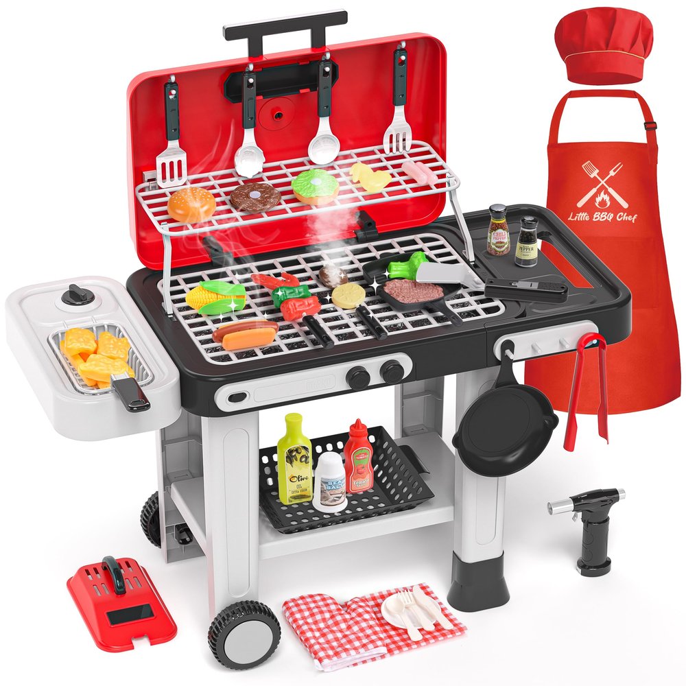 86PCS Kids Play Kitchen Toys: Kids Grill Playset with Smoke, Sound, Light, UV&Water Color-Changing Play Food, Pretend Kids Kitchen Playset, Interactive BBQ Outdoor Toys, Birthday Gift for Toddler