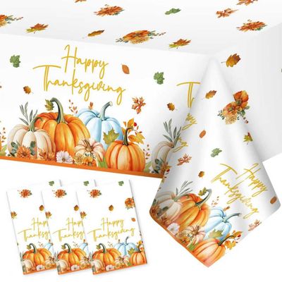 3 Pcs Happy Thanksgiving Plastic Tablecloth - Watercolor Fall Table Cloth, Disposable Rectangle Autumn Pumpkin Maple Leaves Table Cover for Thanksgiving Tables Decorations Party Supplies, 54x108 Inch