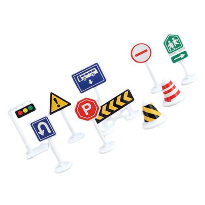 SKISUNO 10pcs Mini Traffic Sign Road Barricade Models for Educational Pretend Play Street Signs for Safety Awareness and Interactive Learning