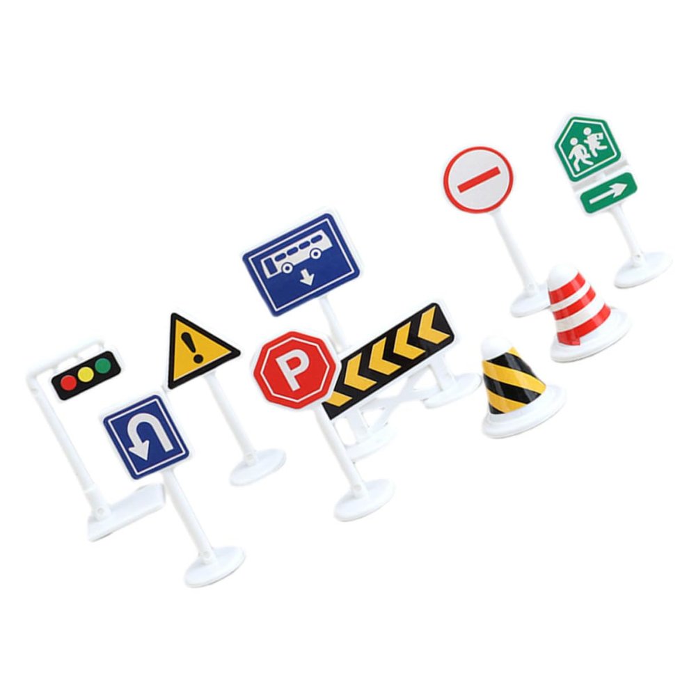 SKISUNO 10pcs Mini Traffic Sign Road Barricade Models for Educational Pretend Play Street Signs for Safety Awareness and Interactive Learning