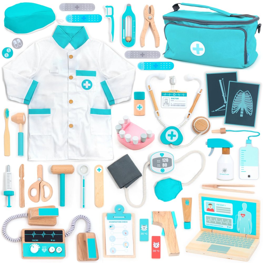 UMU Deluxe Wooden Doctor Play Set 37 Pcs Pretend Medical Kit with Stethoscope Dentist Tools Laptop & Accessories Doctor Role Play Toy for Kids Ages 3 4 5 6