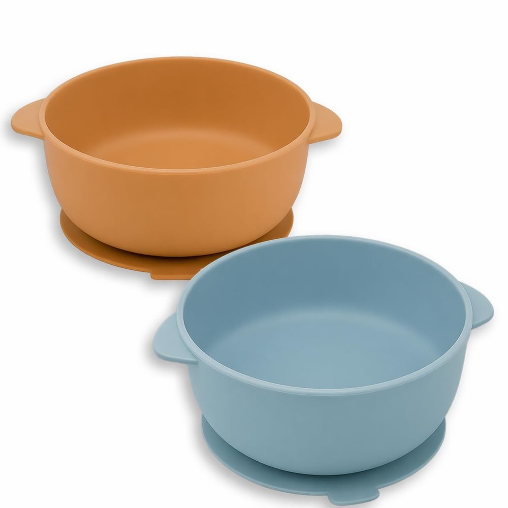 EKOSELA Silicone Baby Suction Bowls (2 Pack) Non-Slip Stay Put, High Edge for Self Feeding, BPA Free Toddler Feeding Bowl, (Sky Blue/Brown)