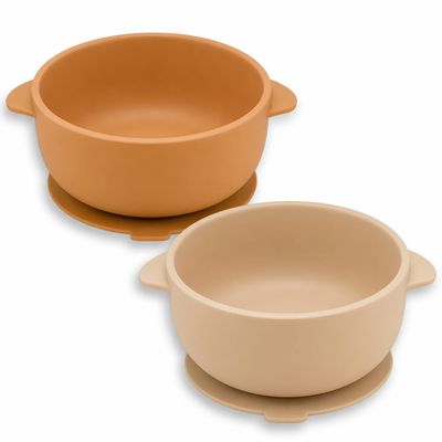 EKOSELA Silicone Baby Suction Bowls (2 Pack) Non-Slip Stay Put, High Edge for Self Feeding, BPA Free Toddler Feeding Bowl, (Beige/Brown)