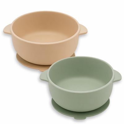 EKOSELA Silicone Baby Suction Bowls (2 Pack) Non-Slip Stay Put, High Edge for Self Feeding, BPA Free Toddler Feeding Bowl, (Light Green/Beige)