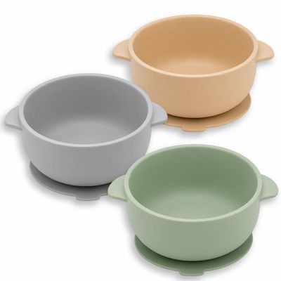 EKOSELA Silicone Baby Suction Bowls (3 Pack) Non-Slip Stay Put, High Edge for Self Feeding, BPA Free Toddler Feeding Bowl, (Green/Grey/Beige)