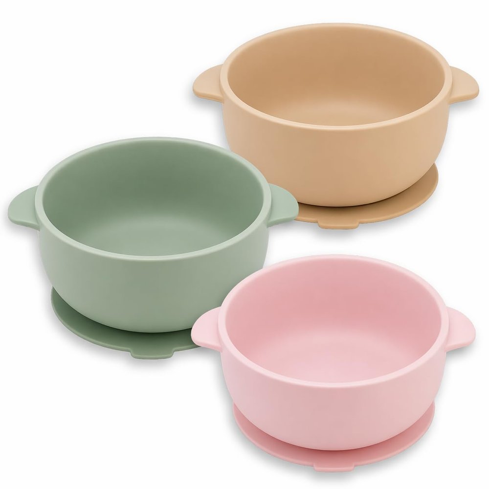 EKOSELA Silicone Baby Suction Bowls (3 Pack) Non-Slip Stay Put, High Edge for Self Feeding, BPA Free Toddler Feeding Bowl, (Pink/Green/Beige)