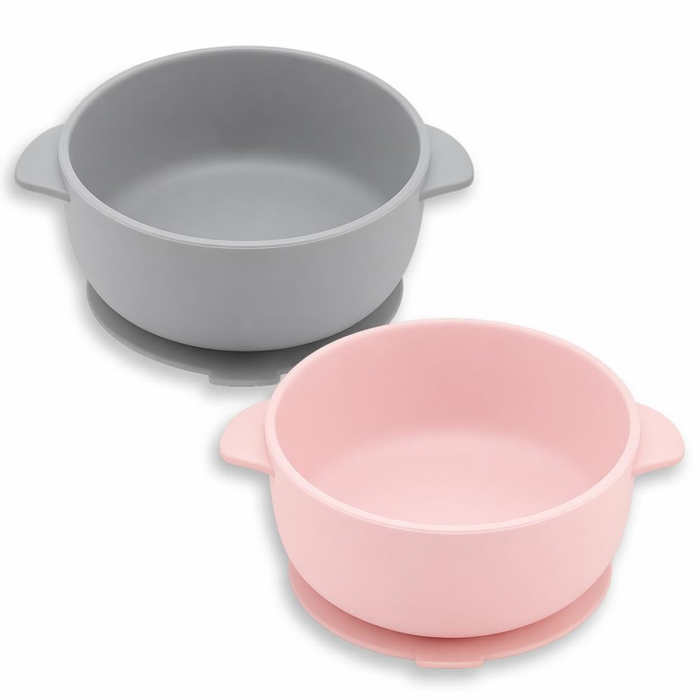 EKOSELA Silicone Baby Suction Bowls (2Pack) Non-Slip Stay Put, High Edge for Self Feeding, BPA Free Toddler Feeding Bowl, (Pink/Grey)