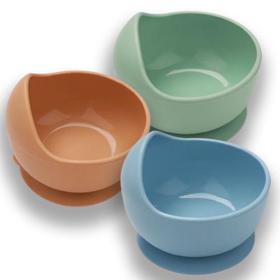 EKOSELA Silicone Baby Suction Bowls (3 Pack) Non-Slip Stay Put, High Edge for Self Feeding, BPA Free Toddler Feeding Bowl, (Blue/Brown/Green)