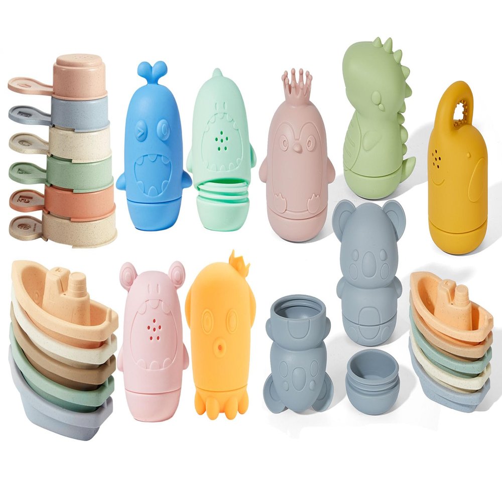 15PCS Baby Bath Toys & 9PCS Bath Toys w/ Silicone Toys & Bath Boats & Stackable Spoons