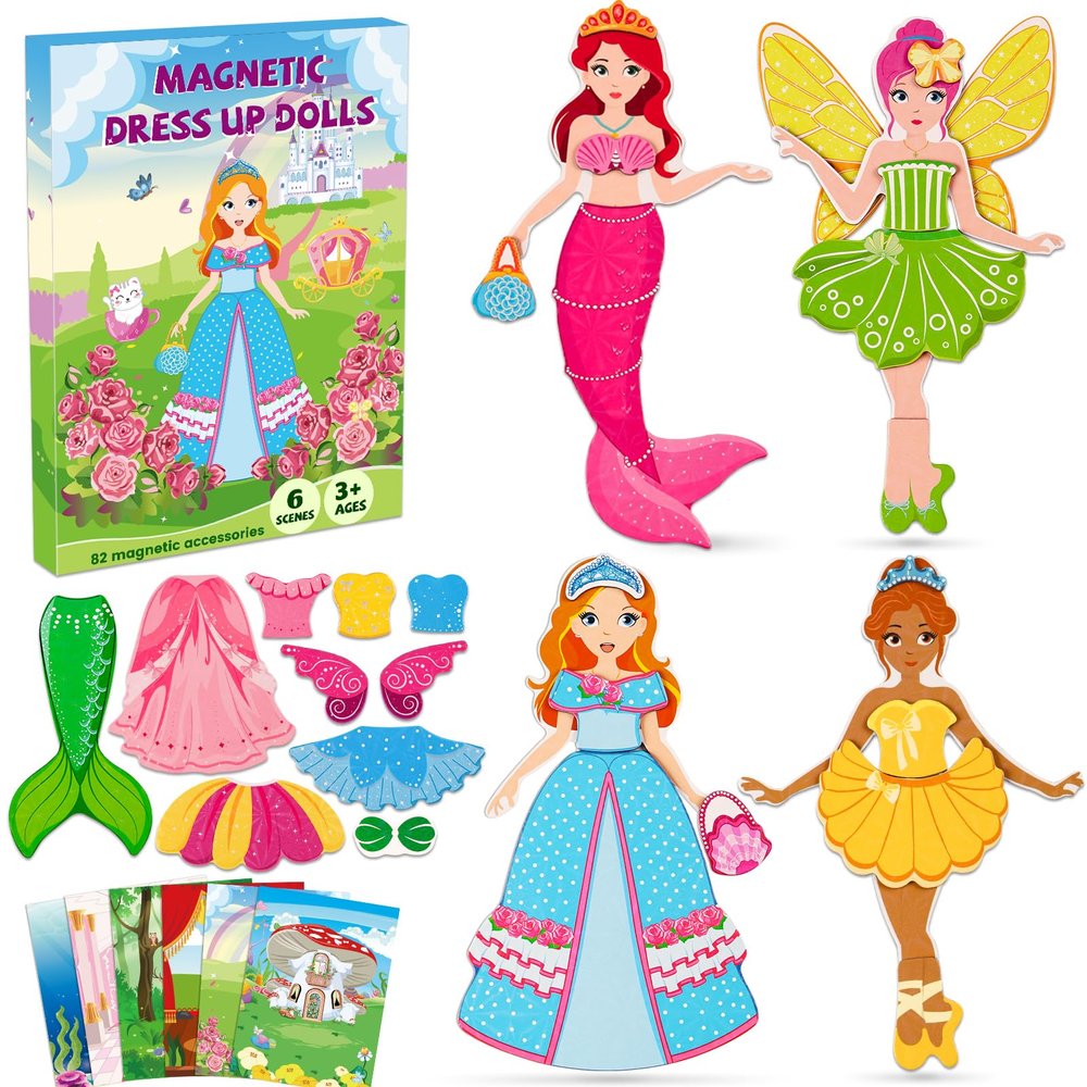 DINSUMRUG Magnetic Dress Up Dolls for Girls,Princess Mermaid Fairy Ballerina Magnet Dolls Dress Up Kits,Car Road Trip Airplane Activity Travel Games Toys Birthday Gift for Girls Ages 3 4 5 6 7