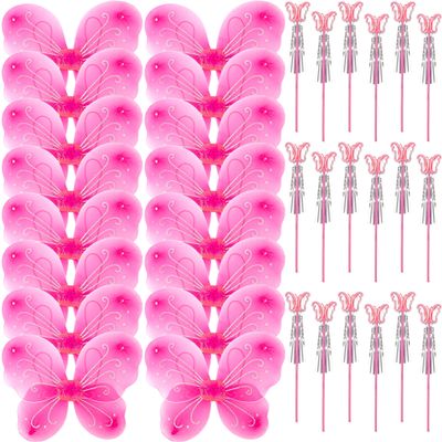 36 Pack Princess Wings Set Includes 18 Pack Girls Fairy Wings Bulk Butterfly Wings Butterfly Angel Costume Wing and 18 Pcs Fairy Wands for Kids Halloween Cosplay Party Dress up, Pink