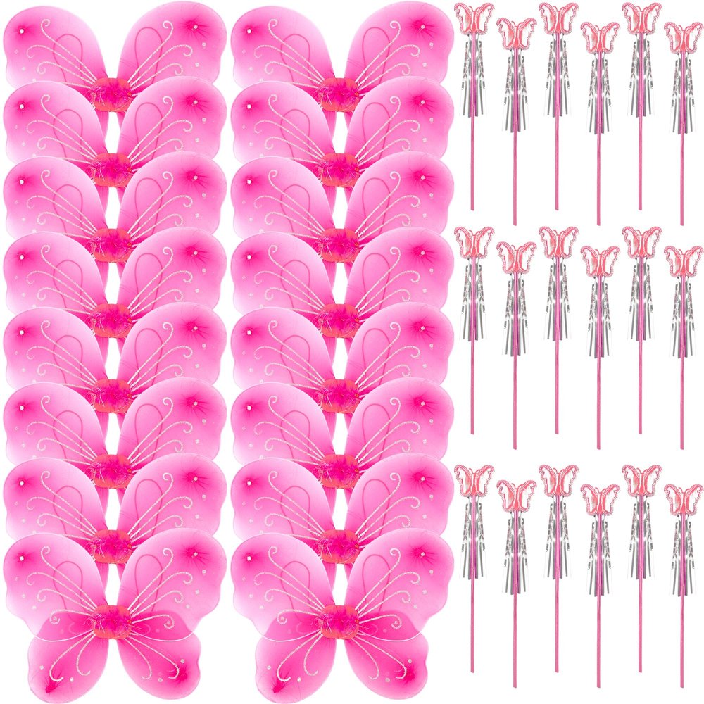 36 Pack Princess Wings Set Includes 18 Pack Girls Fairy Wings Bulk Butterfly Wings Butterfly Angel Costume Wing and 18 Pcs Fairy Wands for Kids Halloween Cosplay Party Dress up, Pink