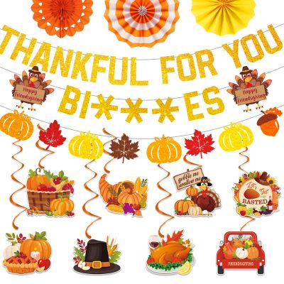 22PCS Thankful for You Banner, Friendsgiving Party Decorations Glitter Thanksgiving Banner Decorations with Hanging Swirls Paper Fan for Indoor Home Office Fall Party Decorations