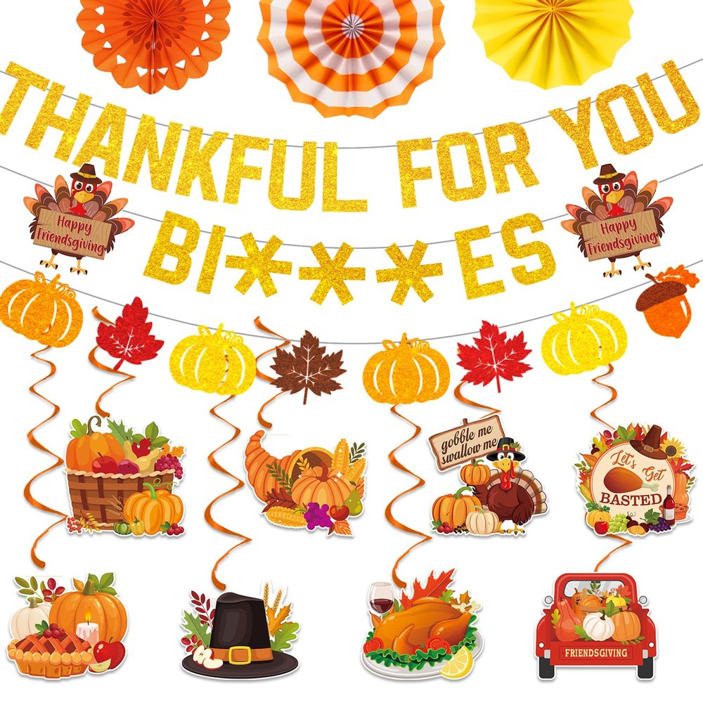 22PCS Thankful for You Banner, Friendsgiving Party Decorations Glitter Thanksgiving Banner Decorations with Hanging Swirls Paper Fan for Indoor Home Office Fall Party Decorations
