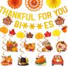 22PCS Thankful for You Banner, Friendsgiving Party Decorations Glitter Thanksgiving Banner Decorations with Hanging Swirls Paper Fan for Indoor Home Office Fall Party Decorations view 1