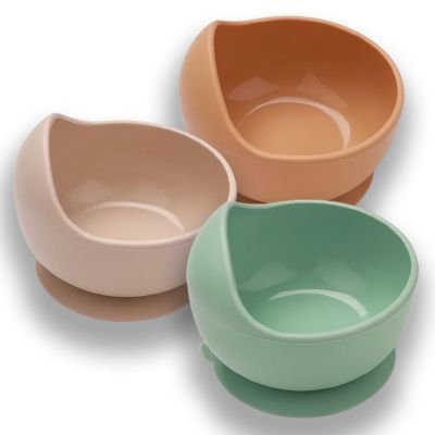 EKOSELA Silicone Baby Suction Bowls (3 Pack) Non-Slip Stay Put, High Edge for Self Feeding, BPA Free Toddler Feeding Bowl, (Green/Beige/Brown)