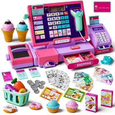Upgraded Kids Cash Register Toy for Boys Girls, Toddler Pretend Play Cashier Register with Shop Accessories, Calculator Cash Register with Scanner/Credit Card (Pink)