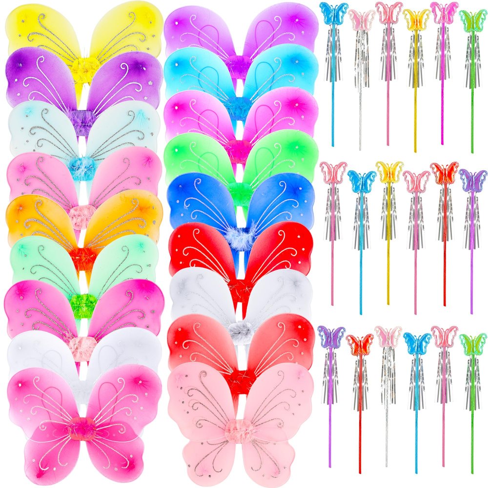 36 Pack Princess Wings Set Includes 18 Pack Girls Fairy Wings Bulk Butterfly Wings Butterfly Angel Costume Wing and 18 Pcs Fairy Wands for Kids Halloween Cosplay Party Dress up, 18 Colors